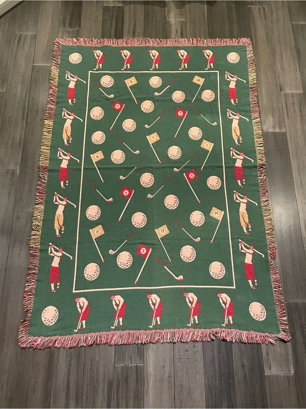 Vintage Golf Woven Throw Blanket Afghan Fringe Golf Ball Club Flag Golfer 70x40